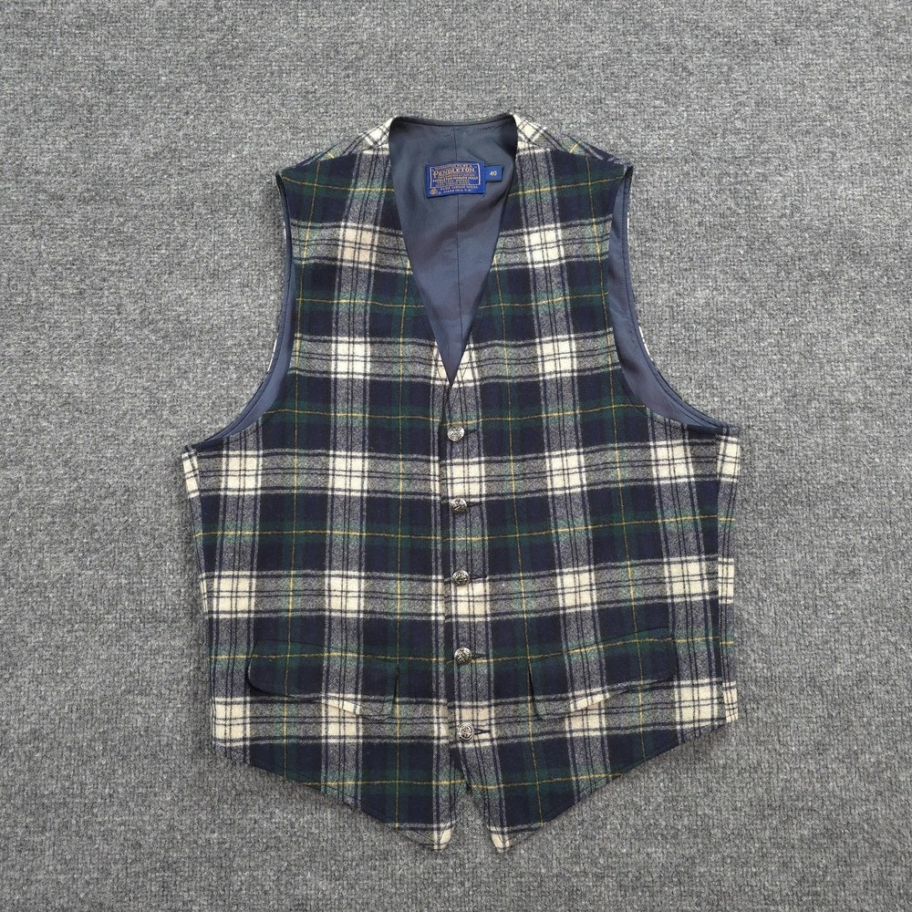 Vintage Pendleton Vest Mens 40 Blue Tartan Plaid Wool Suit Waistcoat Made In USA